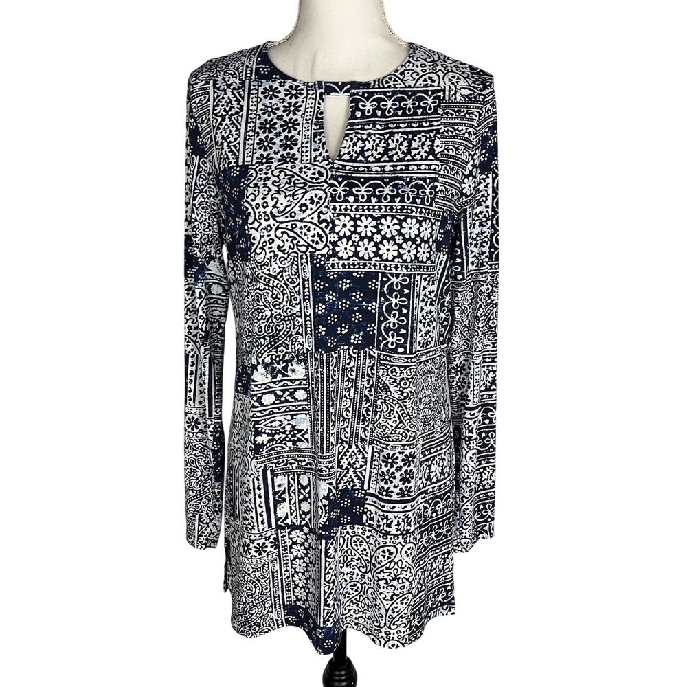 Lands End Swim  Cover Up Dress Womens S (6-8)‎ Blue Paisley Floral  Long Sleeve